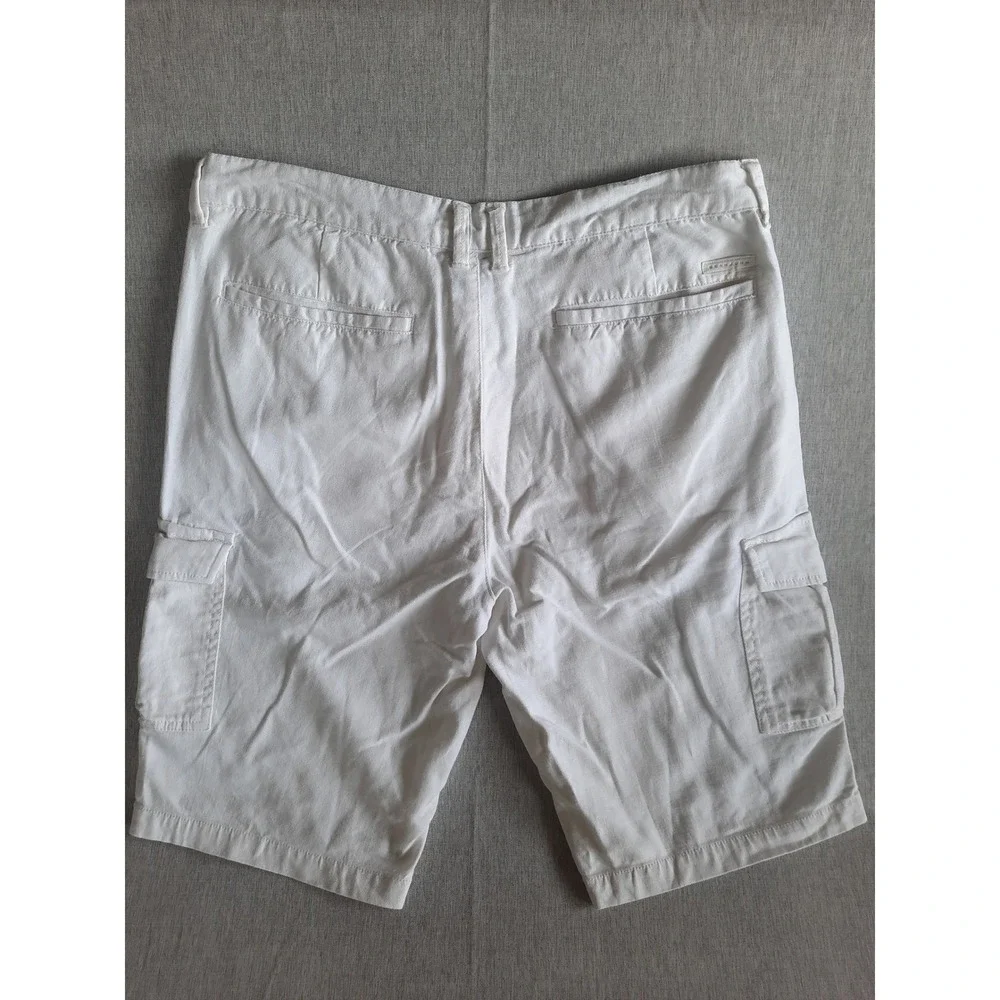 Sean John Men 34 Pure Linen Performance Active Pockets White Cargo Short